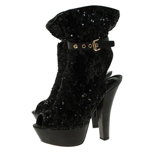 Louis Vuitton Black Sequins and Leather Peep Toe Platform Ankle Boots Size 37 - Picture 4 of 4